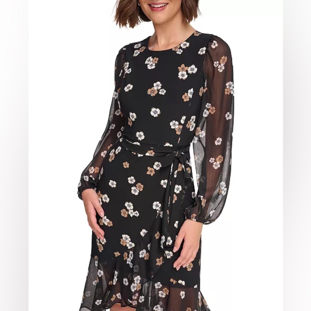 Tommy Hilfiger Black Floral-Print Ruffle-Hem Dress‎ NWT